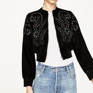 Zara Eyelet Black Velvet Bomber Jacket Womens Size Small